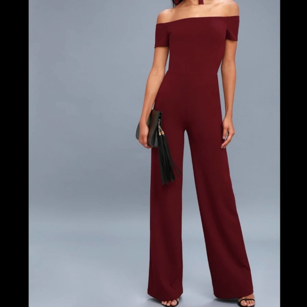 Lulu's Alleyoop Burgundy Off-the-Shoulder Jumpsuit